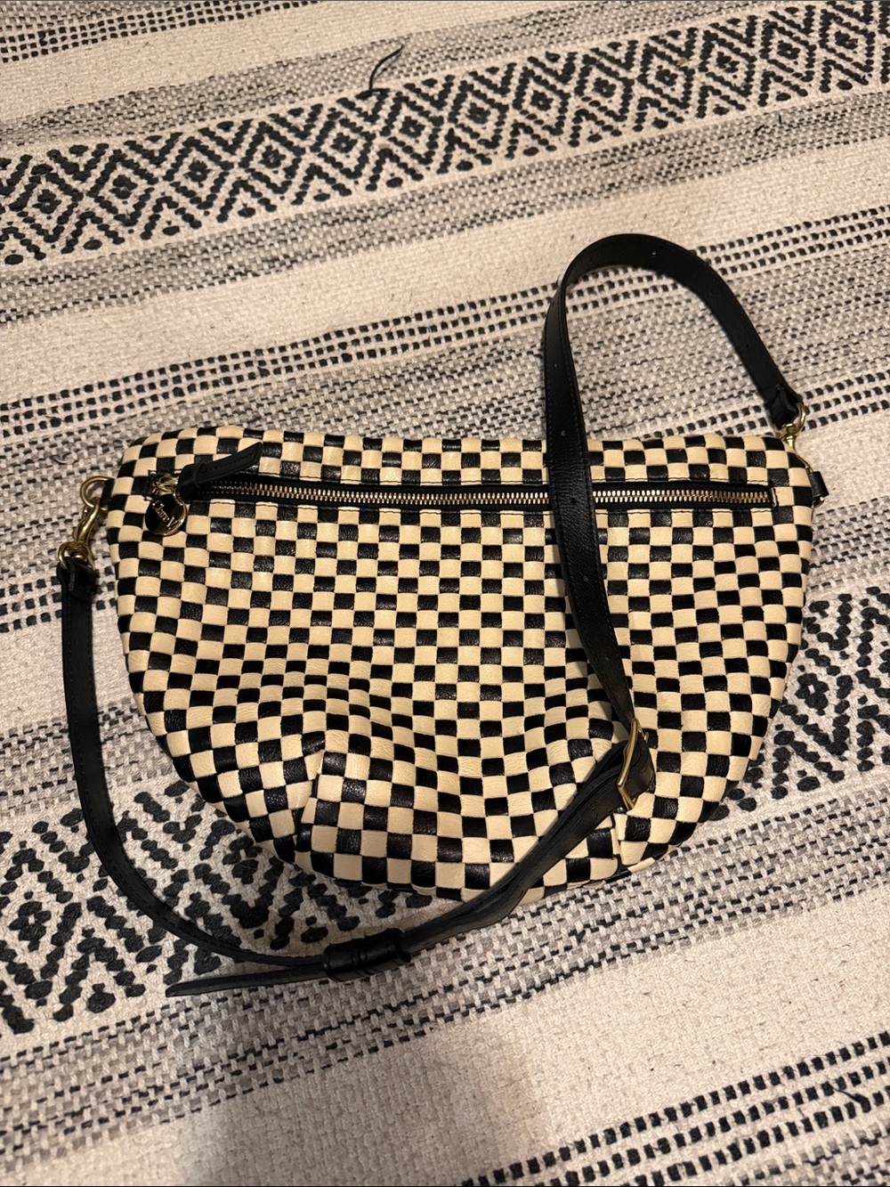 Checkerboard Black and Cream Shoulder Bag with Adjustable Strap
